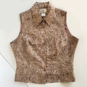 Vintage 90s Snake Print Silk Vest Sleeveless Button Up Brown Size M